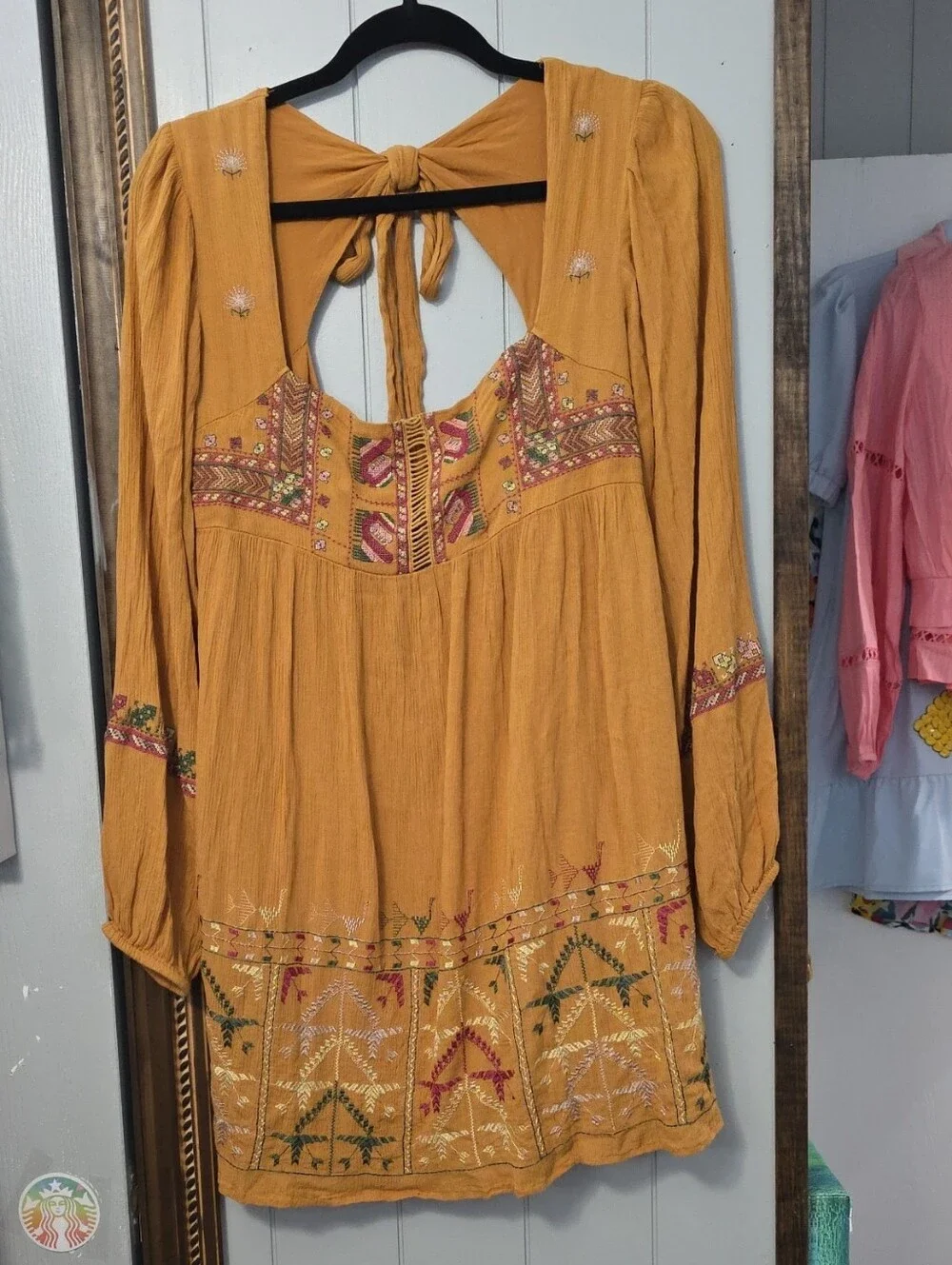 Free People Mustard Embroidered Mini Dress